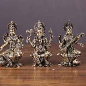 4" Brass Superfine Ganesha Lakshmi Saraswati Set | Divine Trinity on Lotus | Sacred Festival Idols